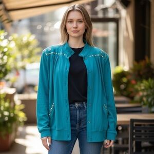 Vintage Ralph Teal Studded Jacket Western Glam Shoulder Pads Women’s Size L 80s